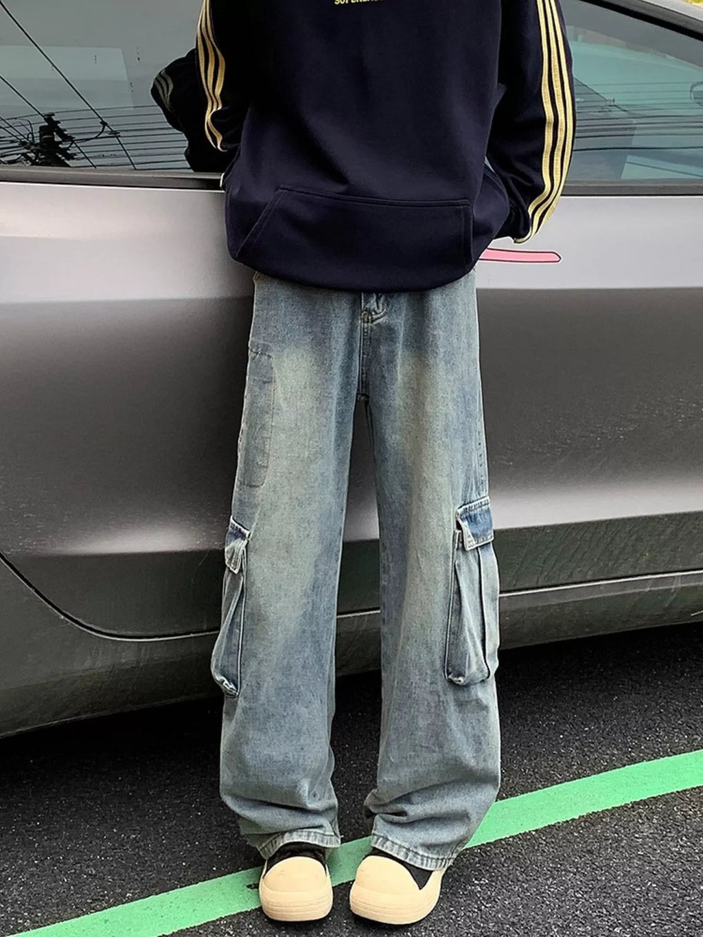 Men's Full Size Vintage Wash Wide Leg Cargo Jeans Plus Size