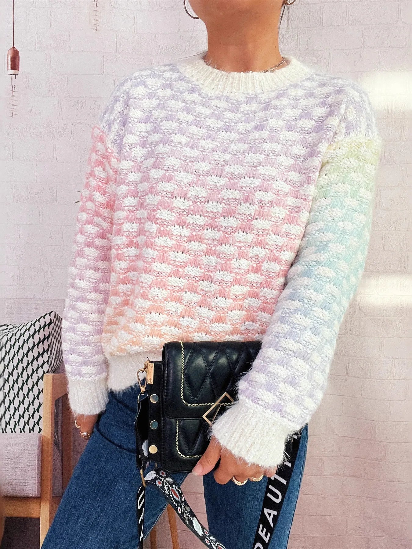Rainbow Gradient Round Neck Sweater