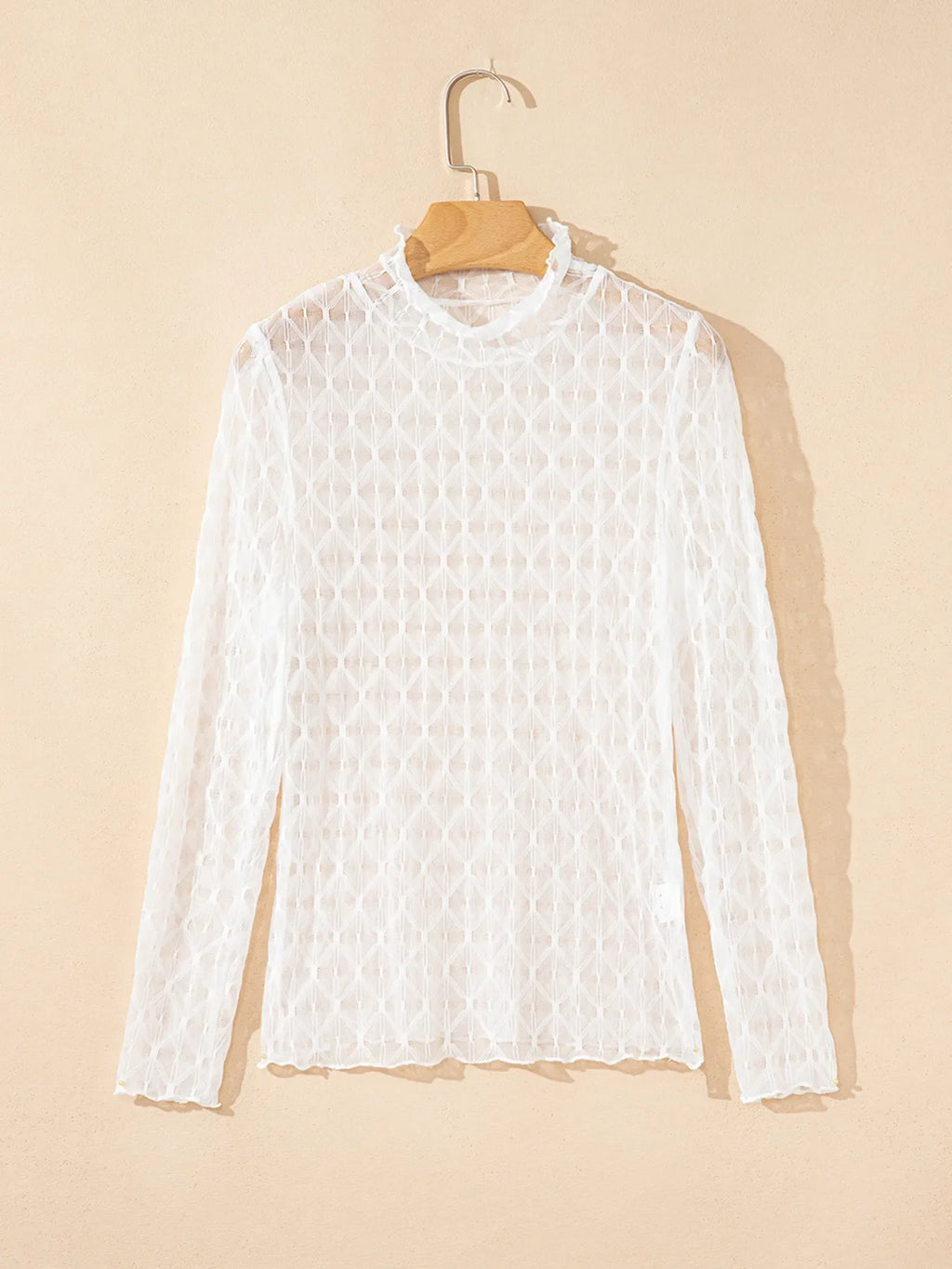 Sheer Mesh Patterned Lettuce Trim Slim Long Sleeve Top