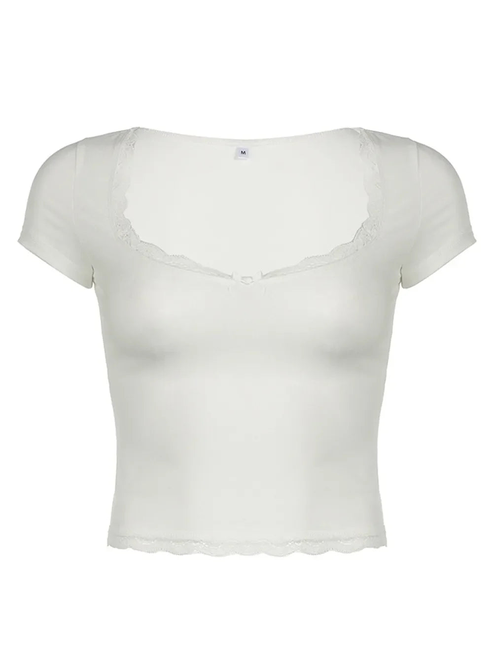 Lace Detail Sweetheart Neck Short Sleeve T-Shirt