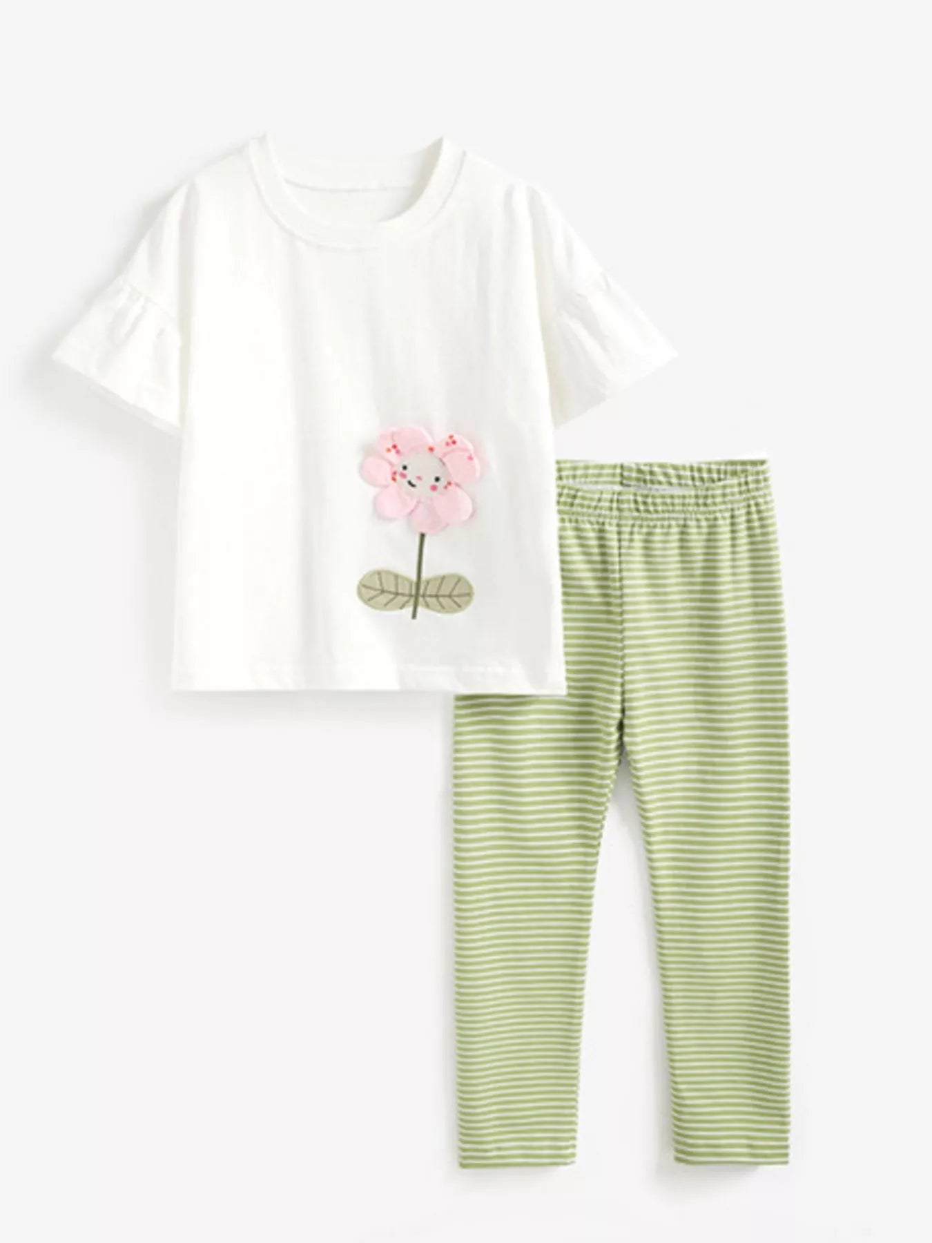 Children's 3D Flower Applique Ruffle Sleeve Top & Striped Pants Set
