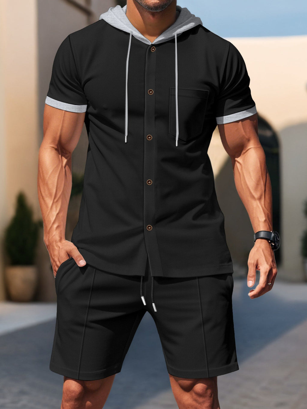 Men's Full Size Casual Hooded Top & Shorts Set Plus Size