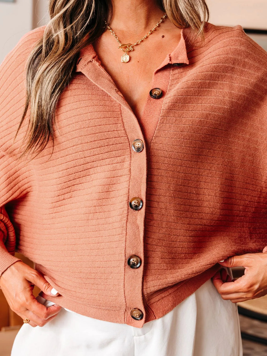Rib Knit Button Front Dolman Sleeve Sweater Cardigan