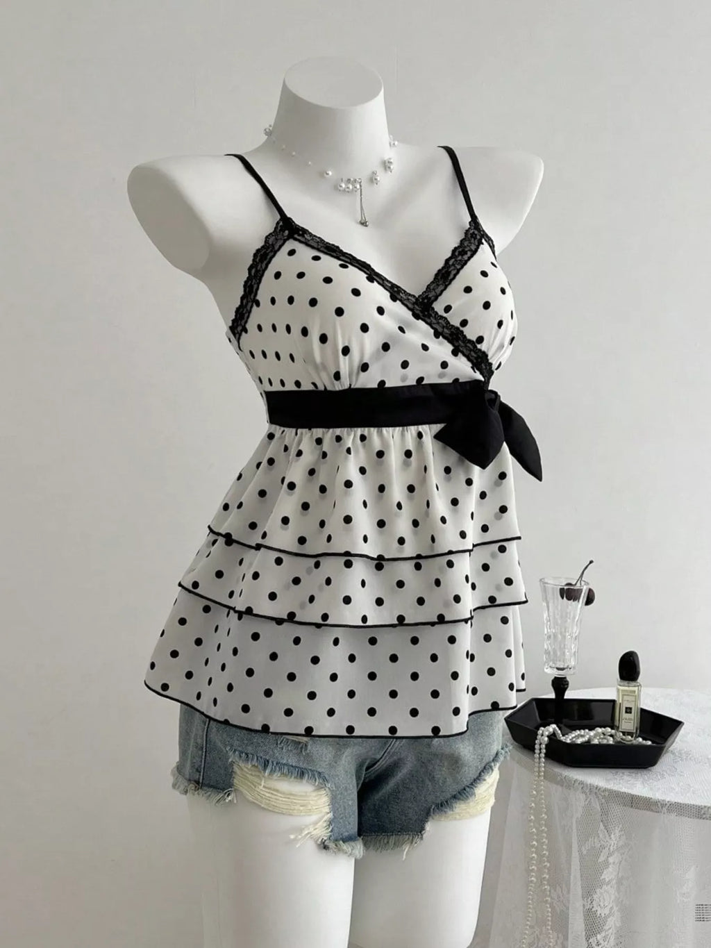 Polka Dot Ruffle Hem Cami with Lace Trim