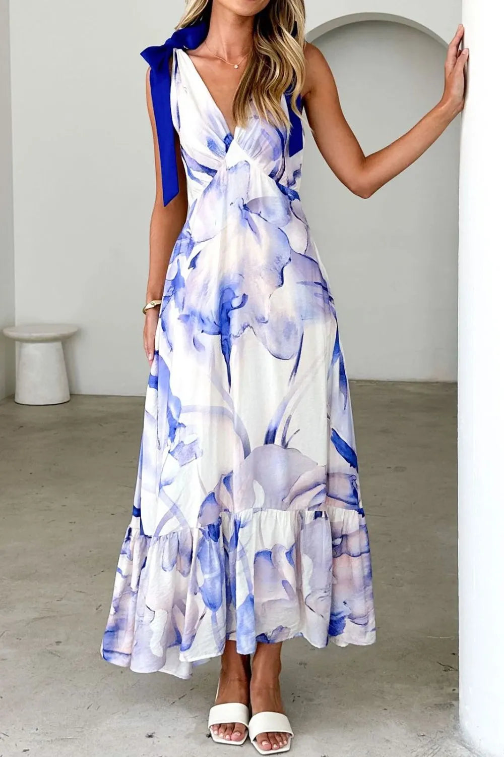 Printed V-Neck Tie Shoulder Midi Cami Dress