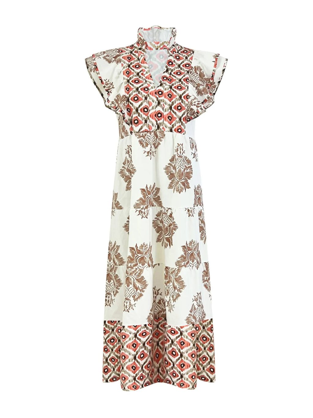 Printed Notched Ruffled Cap Sleeve Dress