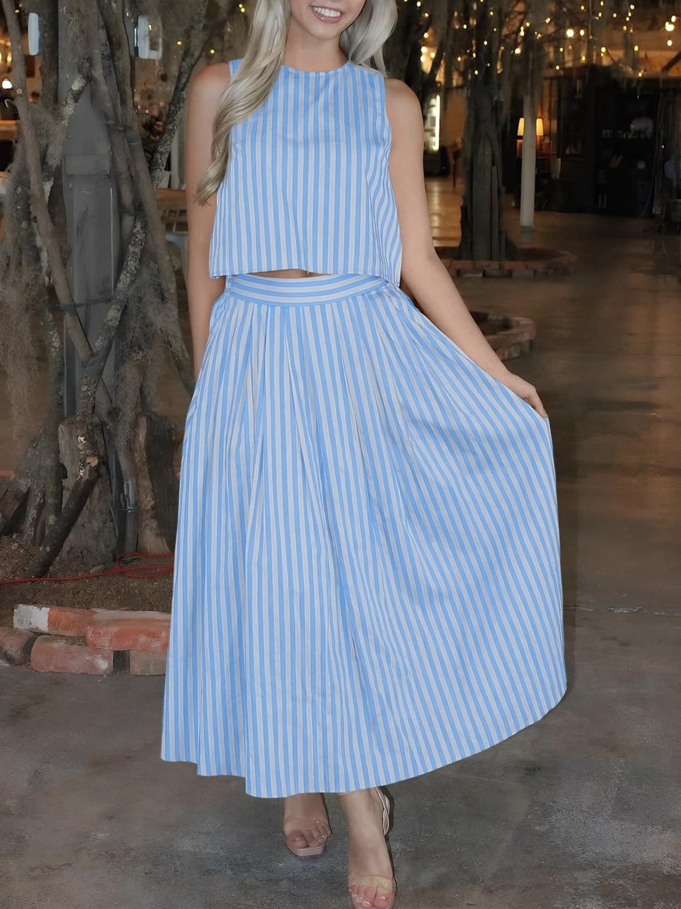 Striped Sleeveless Top and Midi Skirt Set