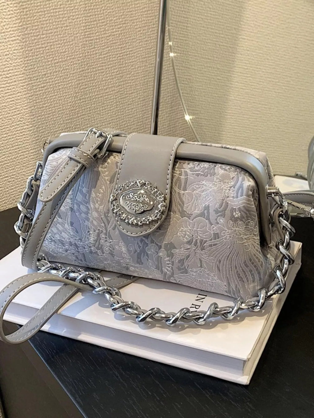 Embroidered Chain Crossbody Bag