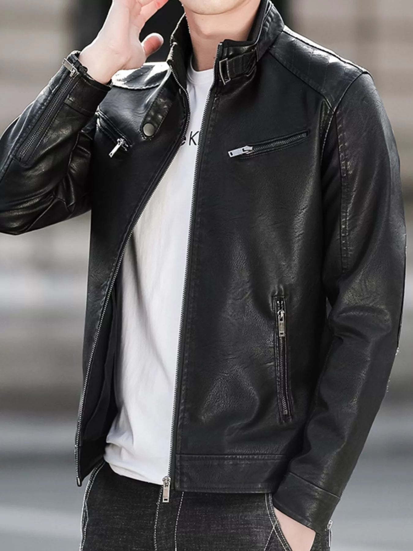 Men's Plus Size Zip Up Leather Jacket