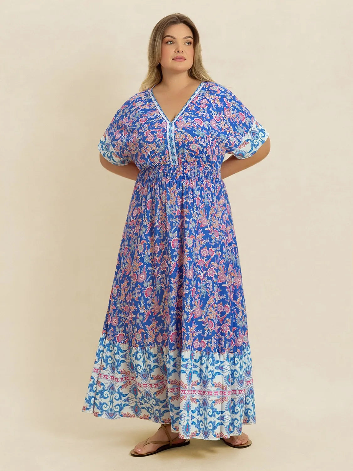 Plus Size Smocked Printed Half Sleeve Midi Dress