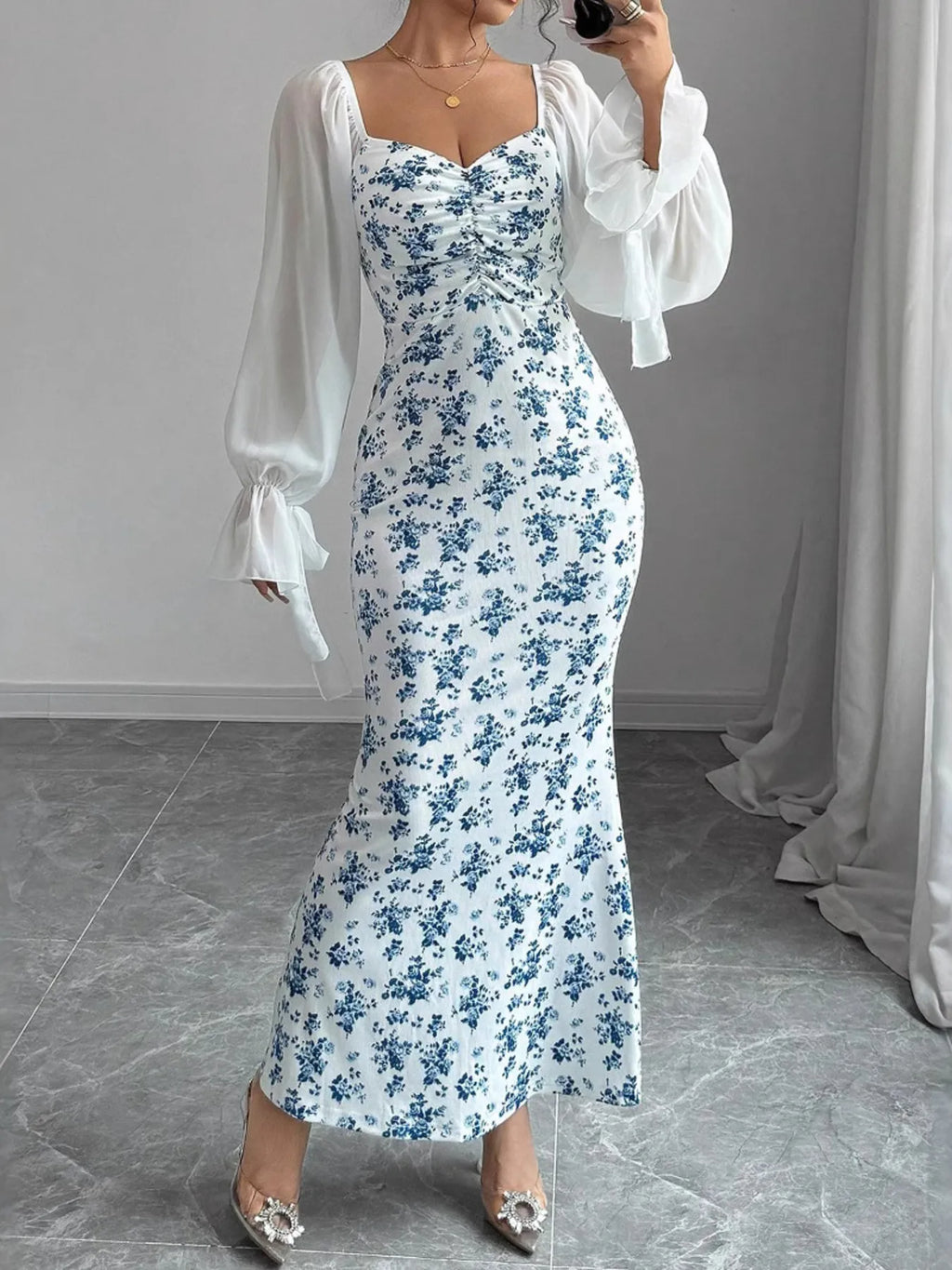 Floral Print Sweetheart Neckline Maxi Dress