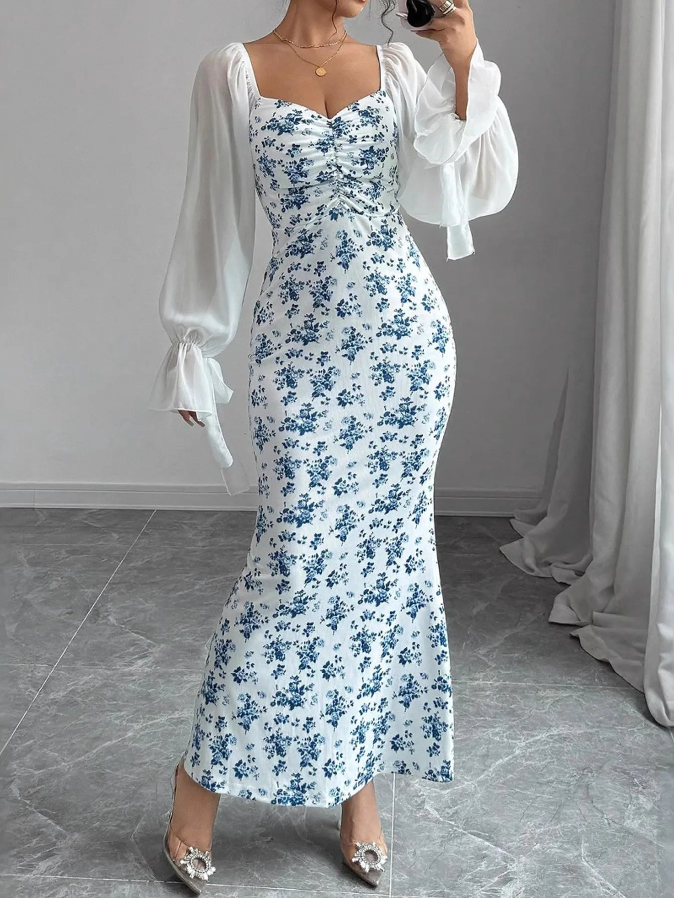 Floral Print Sweetheart Neckline Maxi Dress