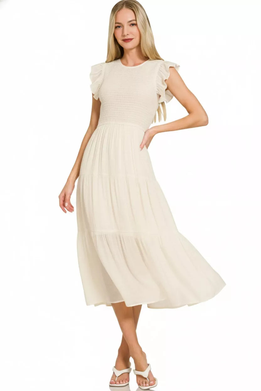 Zenana Woven Smocked Ruffle Sleeve Midi Dress