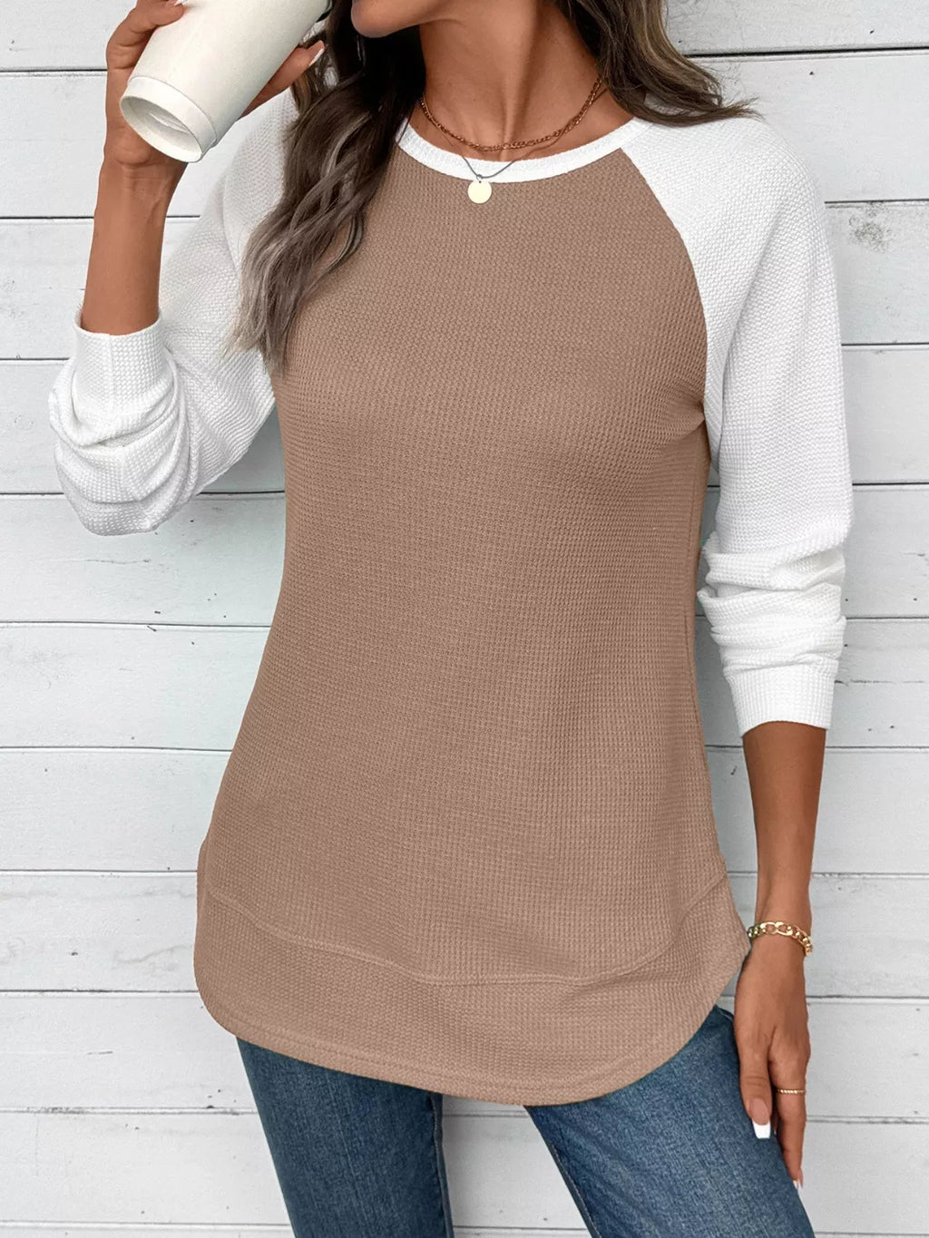 Waffle Knit Raglan Sleeve T-Shirt