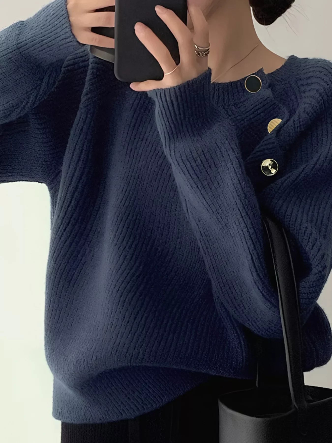 Button-Decorated Round Neck Sweater