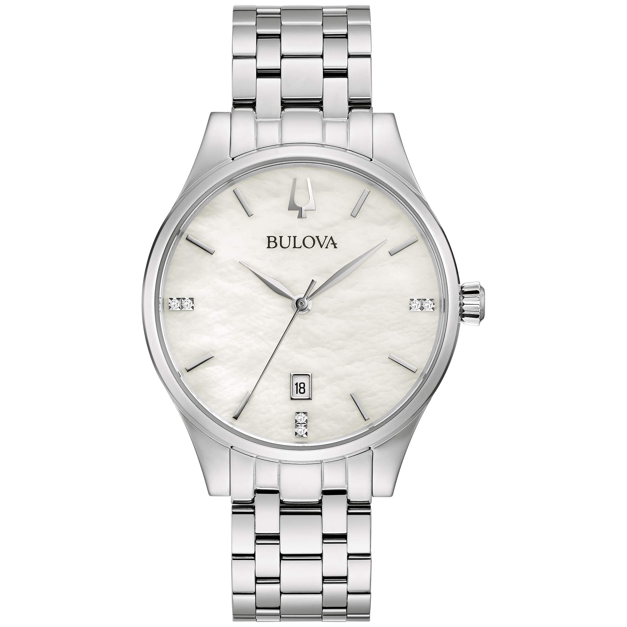 Bulova Ladies Classic Diamond Dial Stainless Steel 3-Hand Calendar Date Quartz Watch White Mother-of-Pearl Style: 96P220