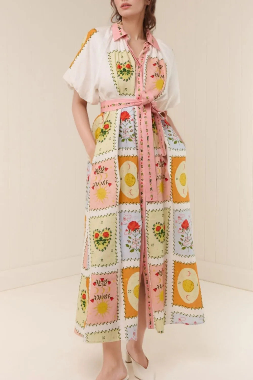 Printed Short Sleeve Belted Maxi Dress