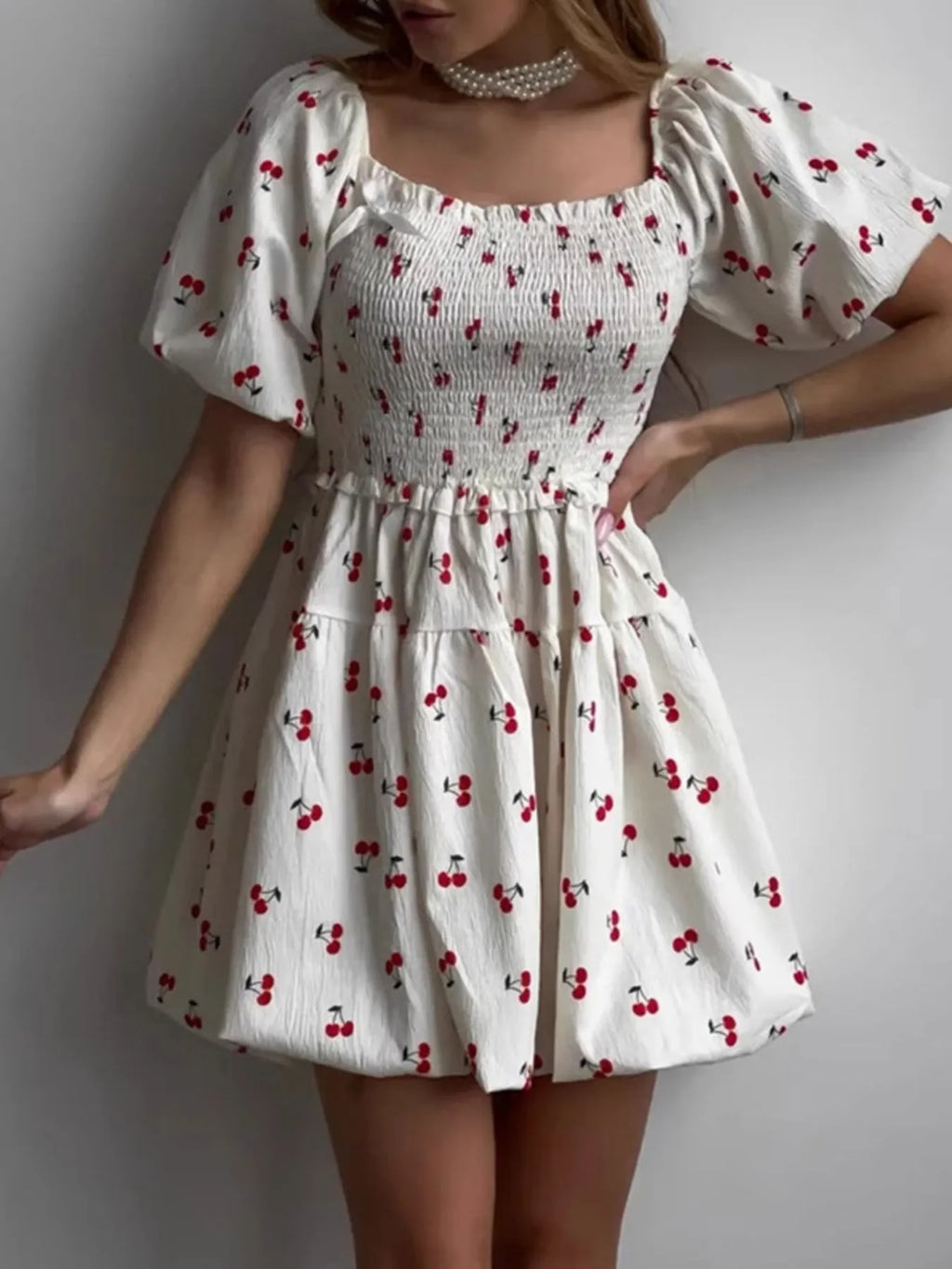 Puff Sleeve Cherry Print Smocked Mini Dress