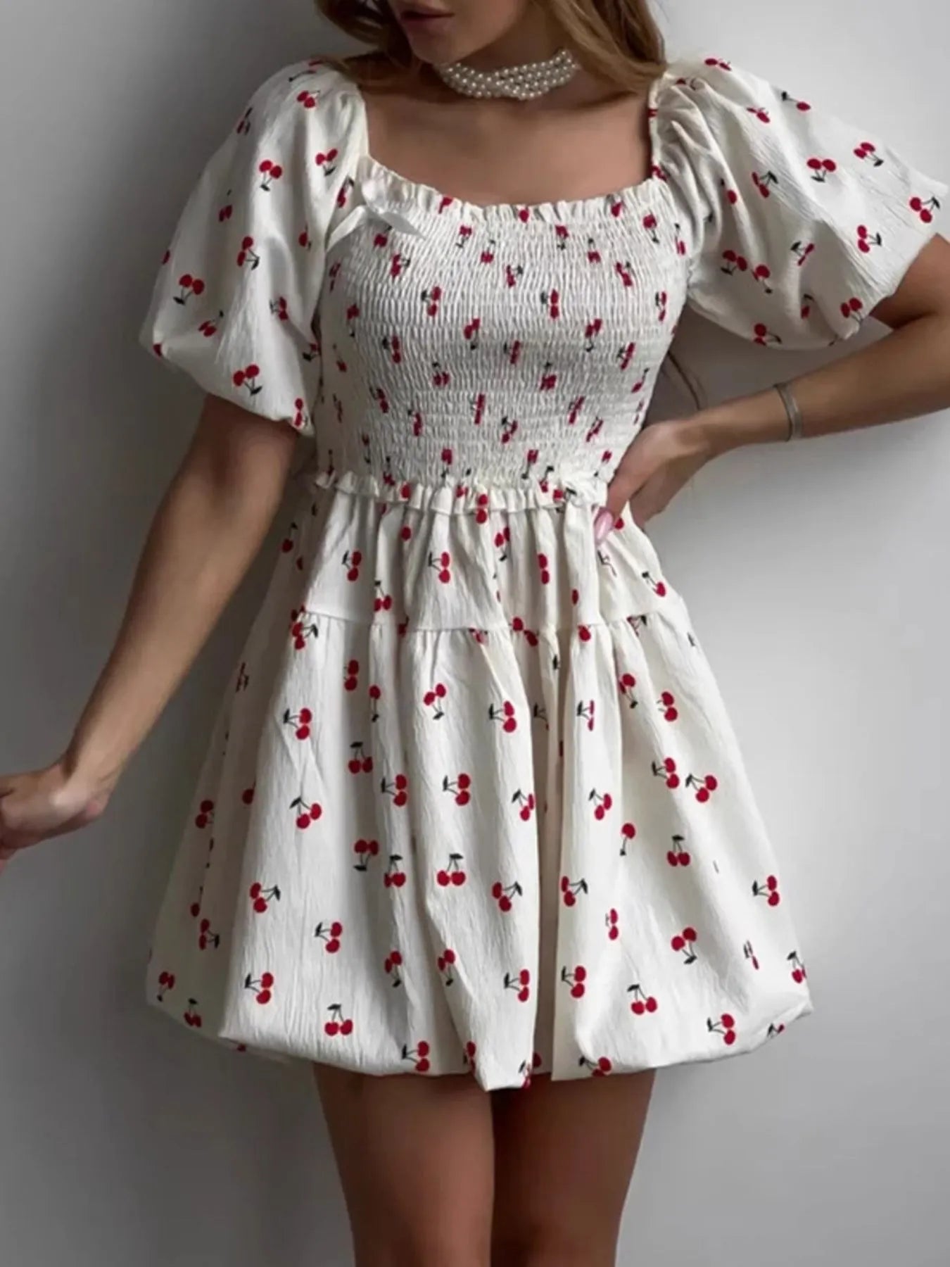 Puff Sleeve Cherry Print Smocked Mini Dress