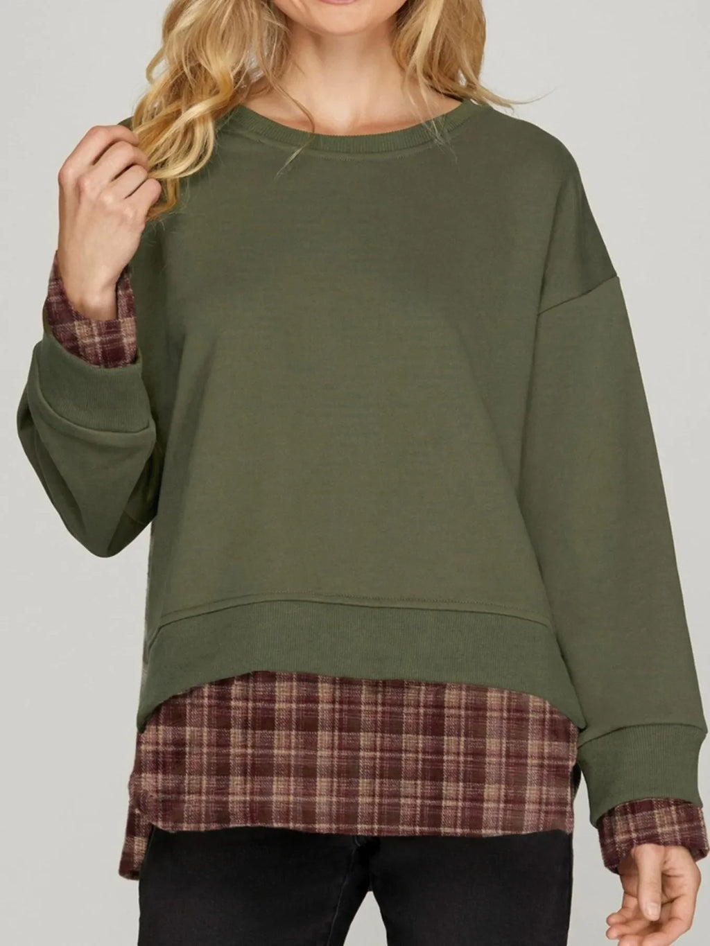 Plaid Patchwork Drop Shoulder Sweatshirt