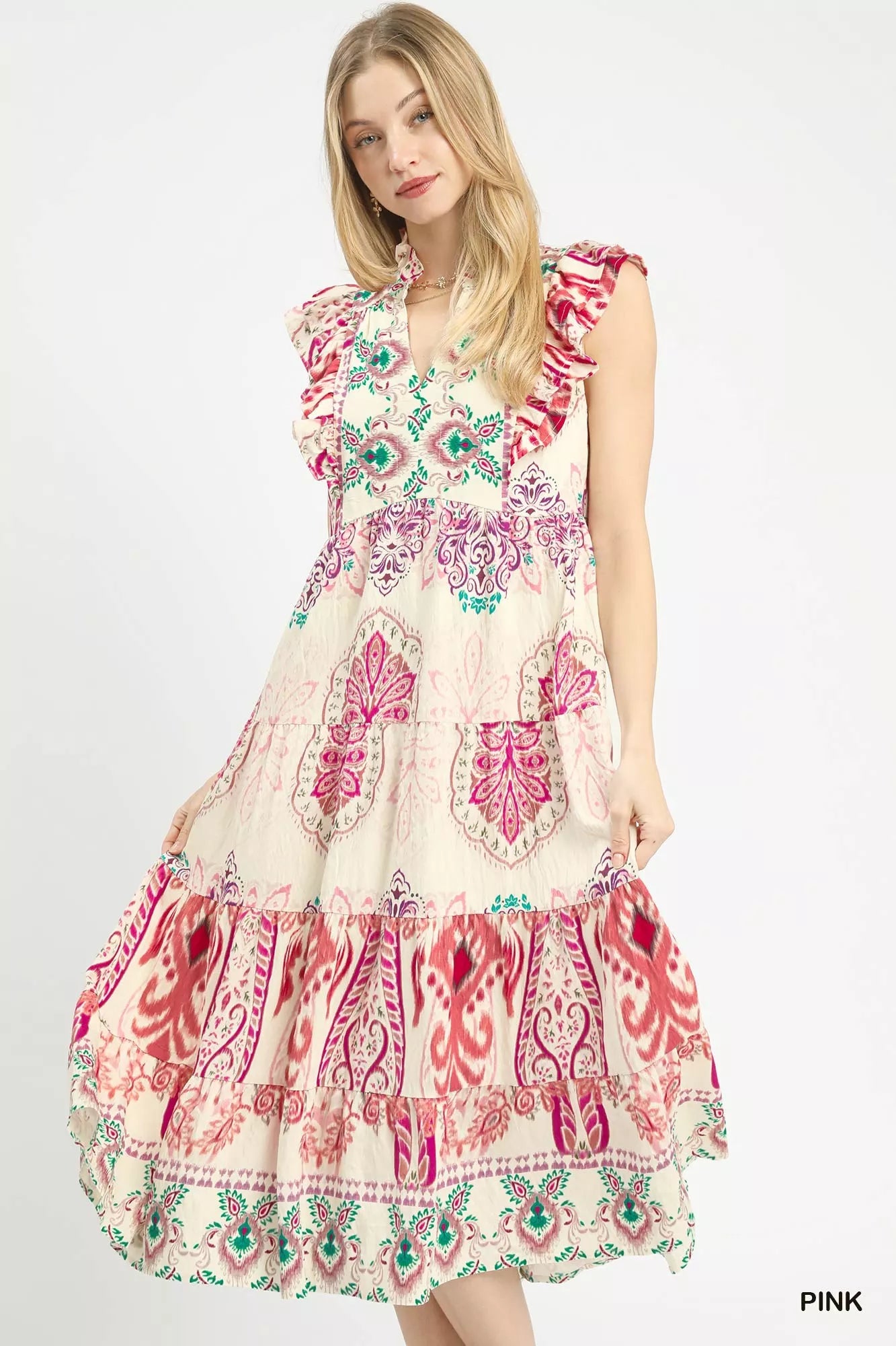 Umgee Boho Boarder Print Ruffle Midi Dress