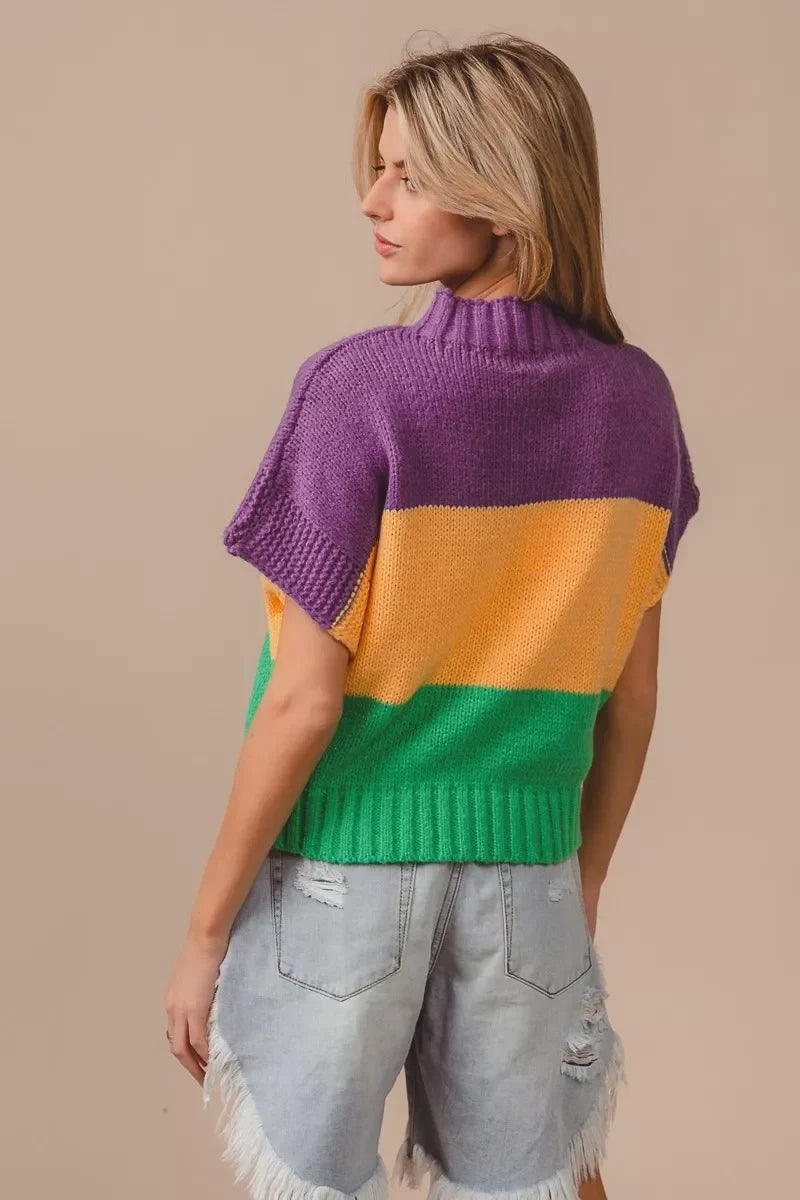 BiBi Mardi Gras Color Block Drop Shoulder Sweater Top
