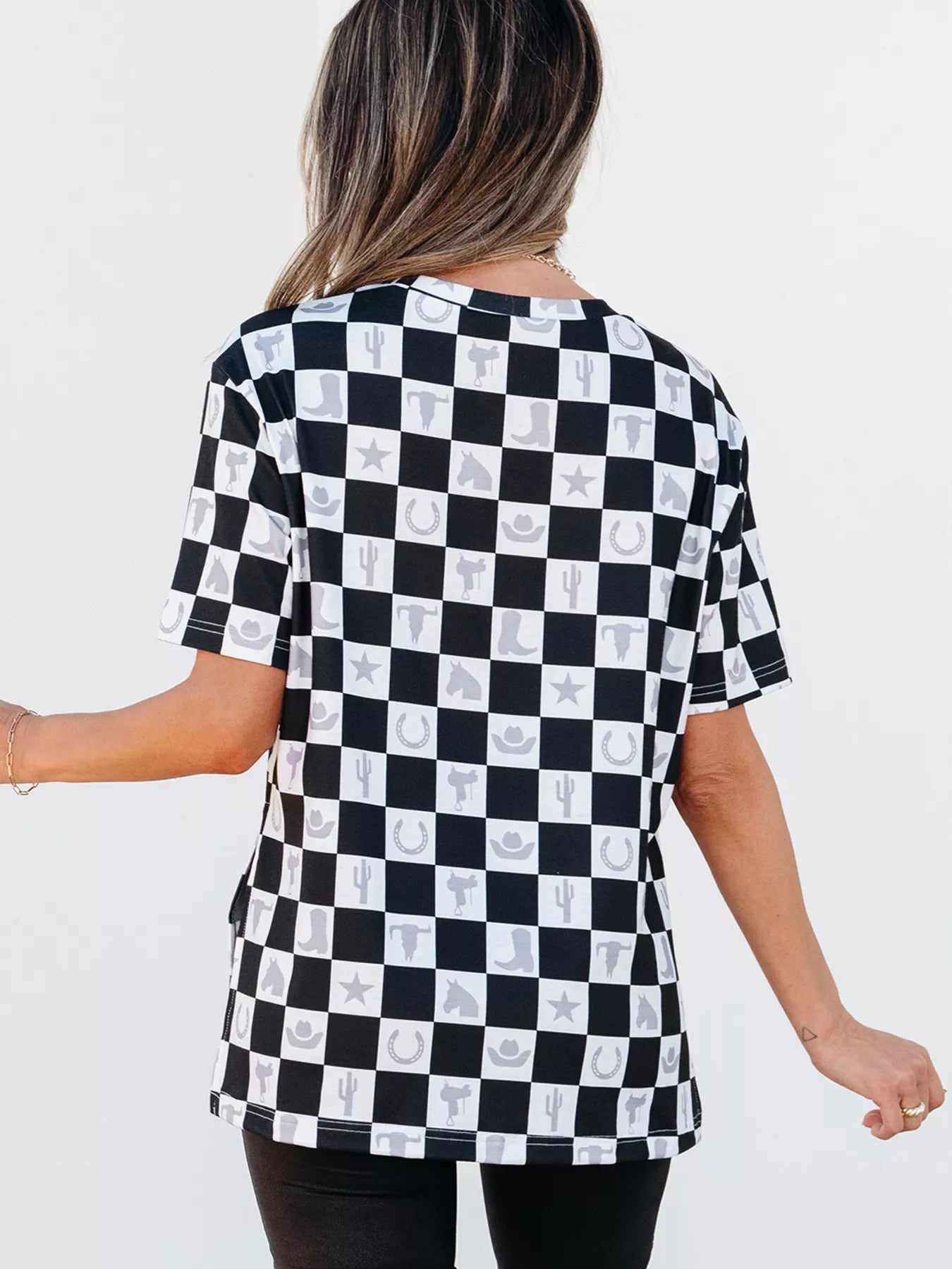 Western Checkerboard Print Side Split T Shirt