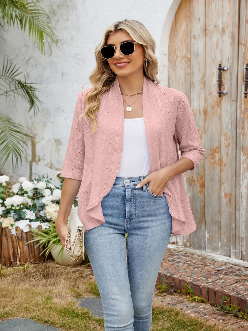 Eyelet Open Front Three-Quarter Sleeve Top
