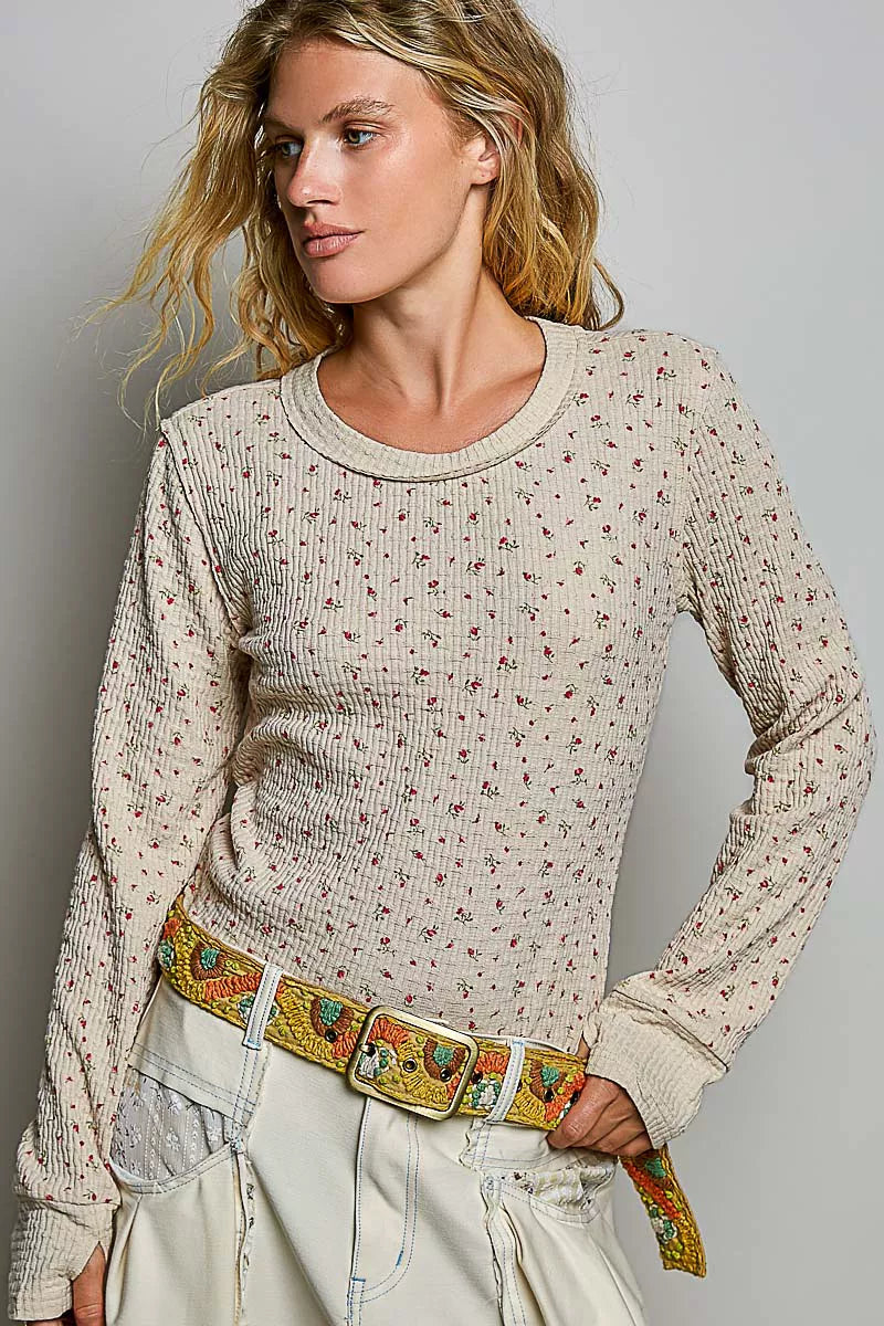 POL Ribbed Knit Floral Crew Neck Long Sleeve Top