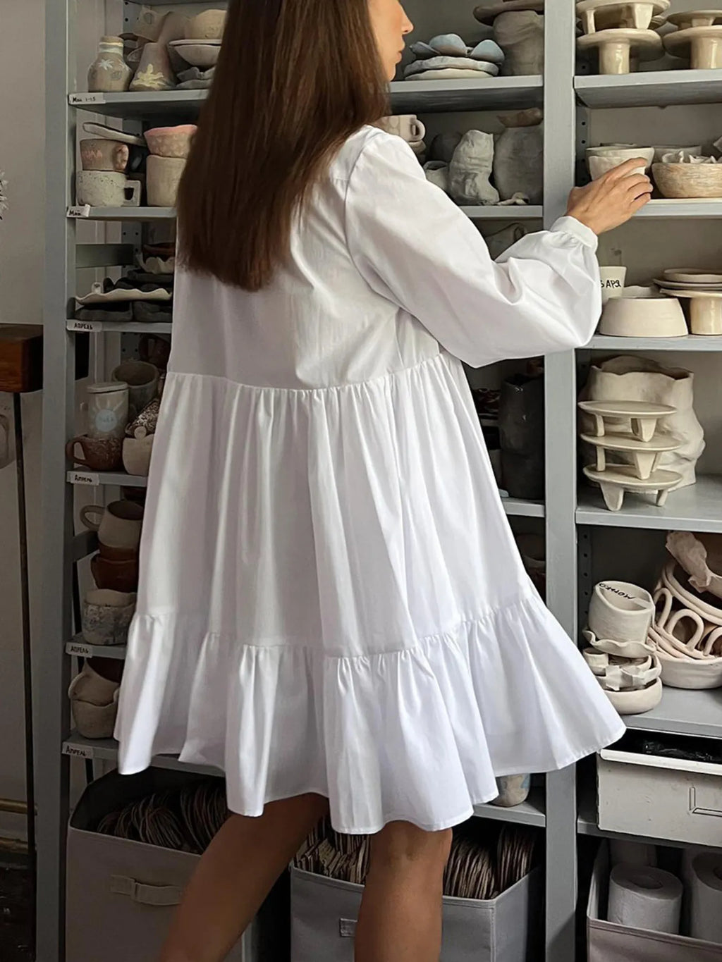 Tiered Long Sleeve Shirt Dress