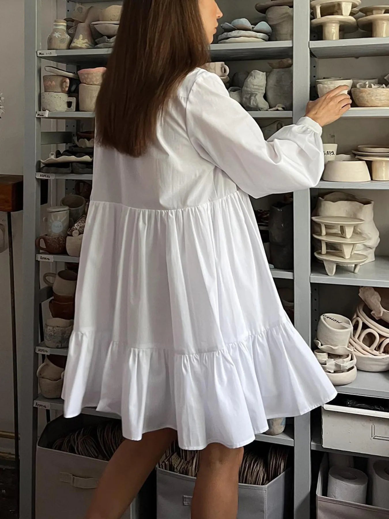Tiered Long Sleeve Shirt Dress