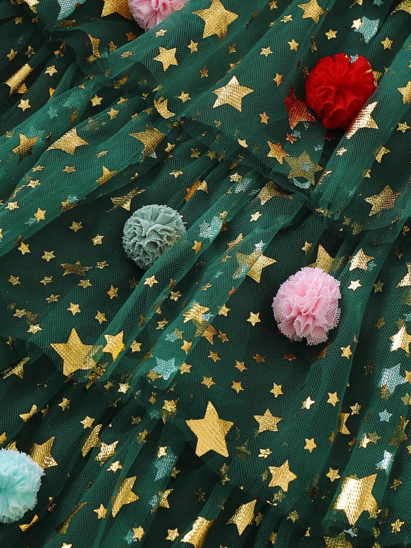Children's Star Print Pom-Pom Embellishments Tulle Dress