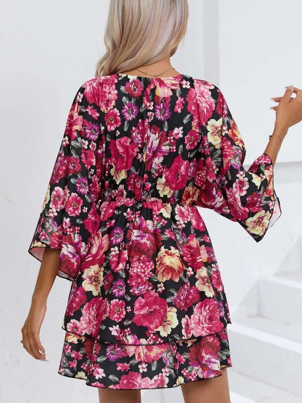 Floral Print Layered Ruffle Hem Mini Dress