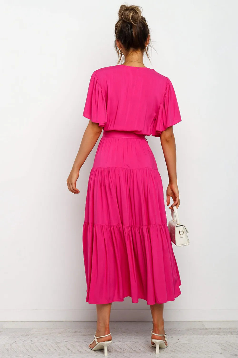 Tied Tiered Short Sleeve Midi Dress