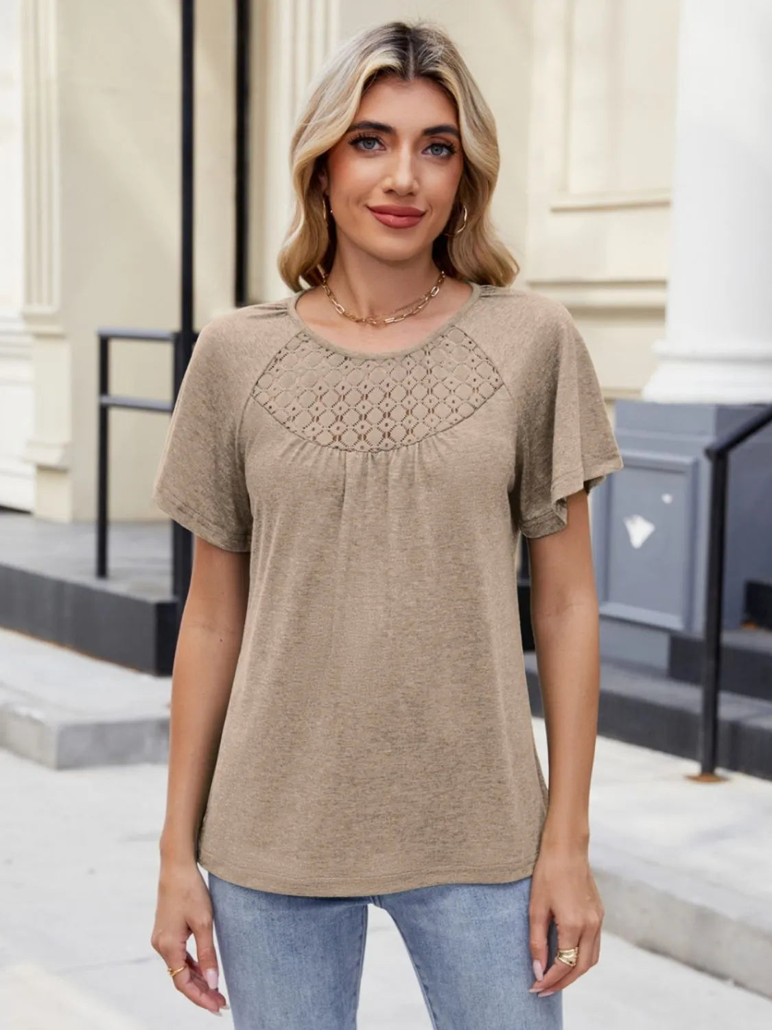 Lace Detail Round Neck Short Sleeve Blouse