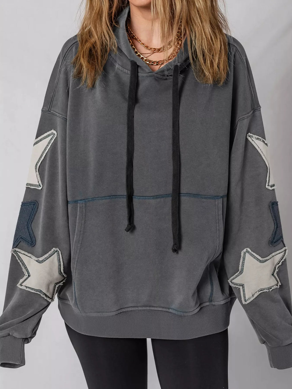 Star Patchwork Contrast Stitching Mineral Wash Kangaroo Pocket Hoodie