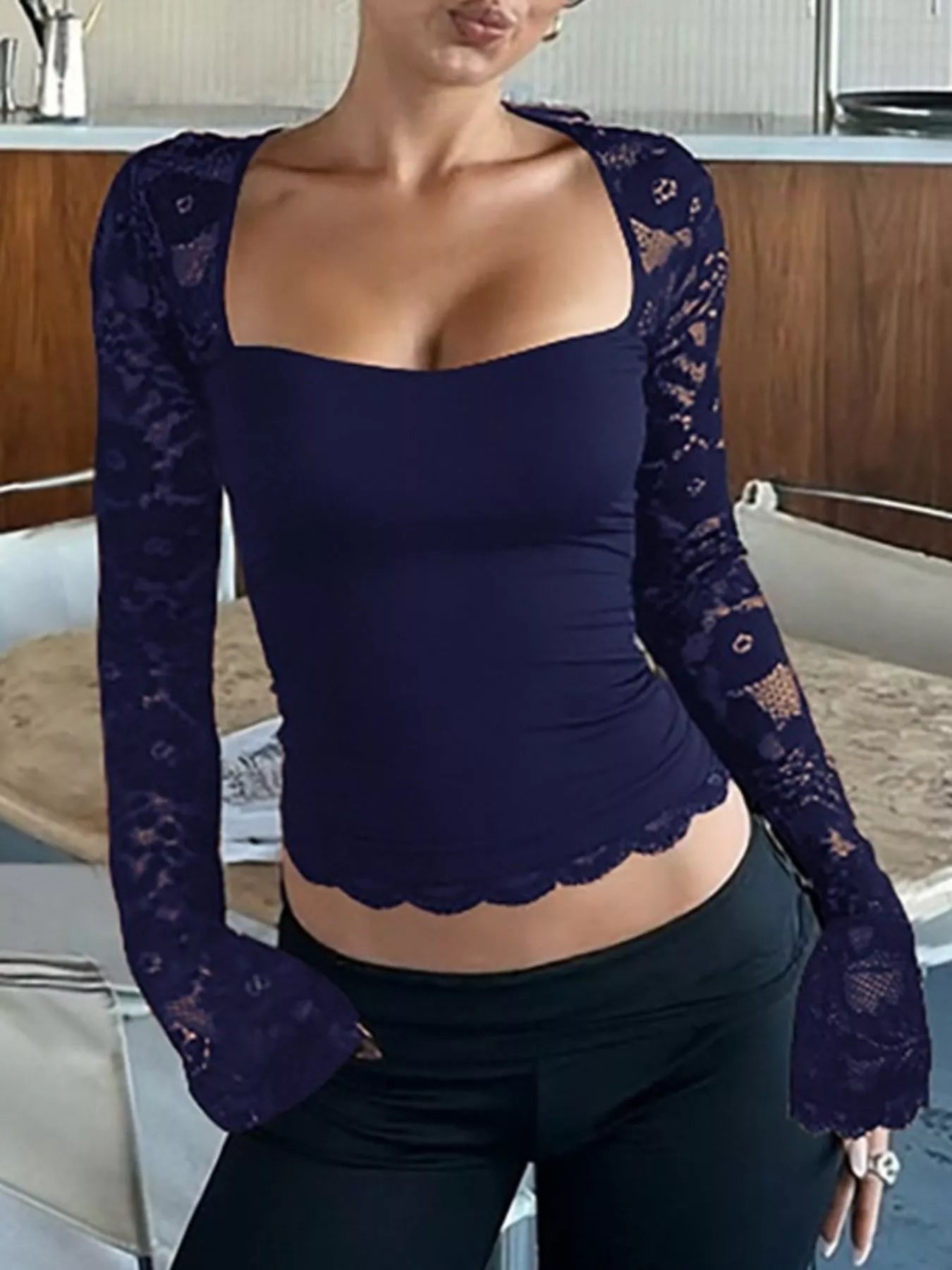 Sheer Lace Sleeve Square Neck T-Shirt