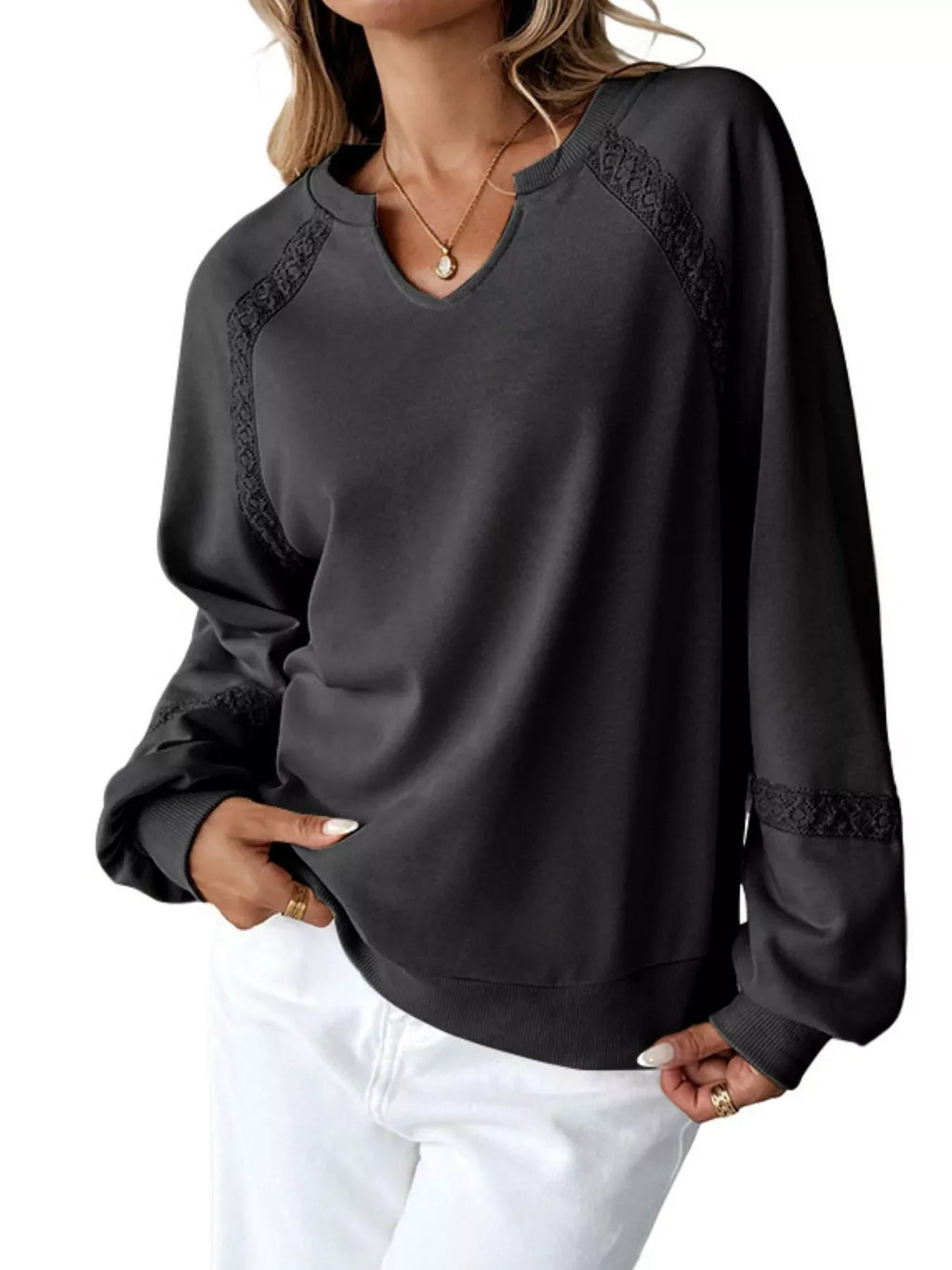 Notched Raglan Sleeve Sweatshirt