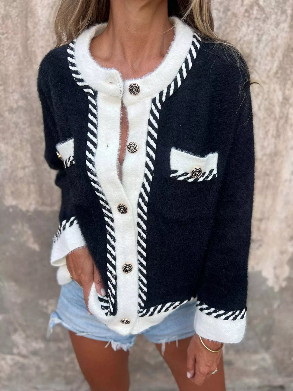 Contrast Trim Button Up Cardigan