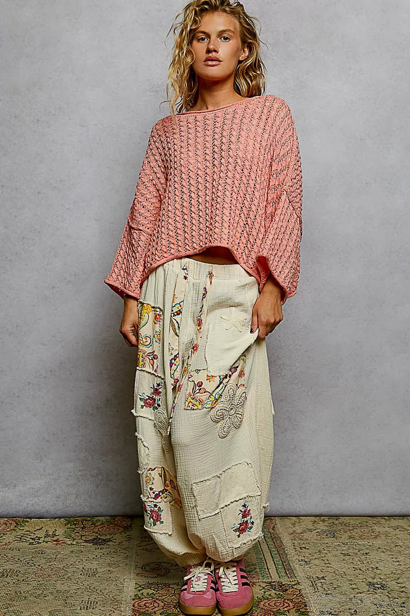 POL Cable-Knit Openwork Round Neck Cropped Sweater