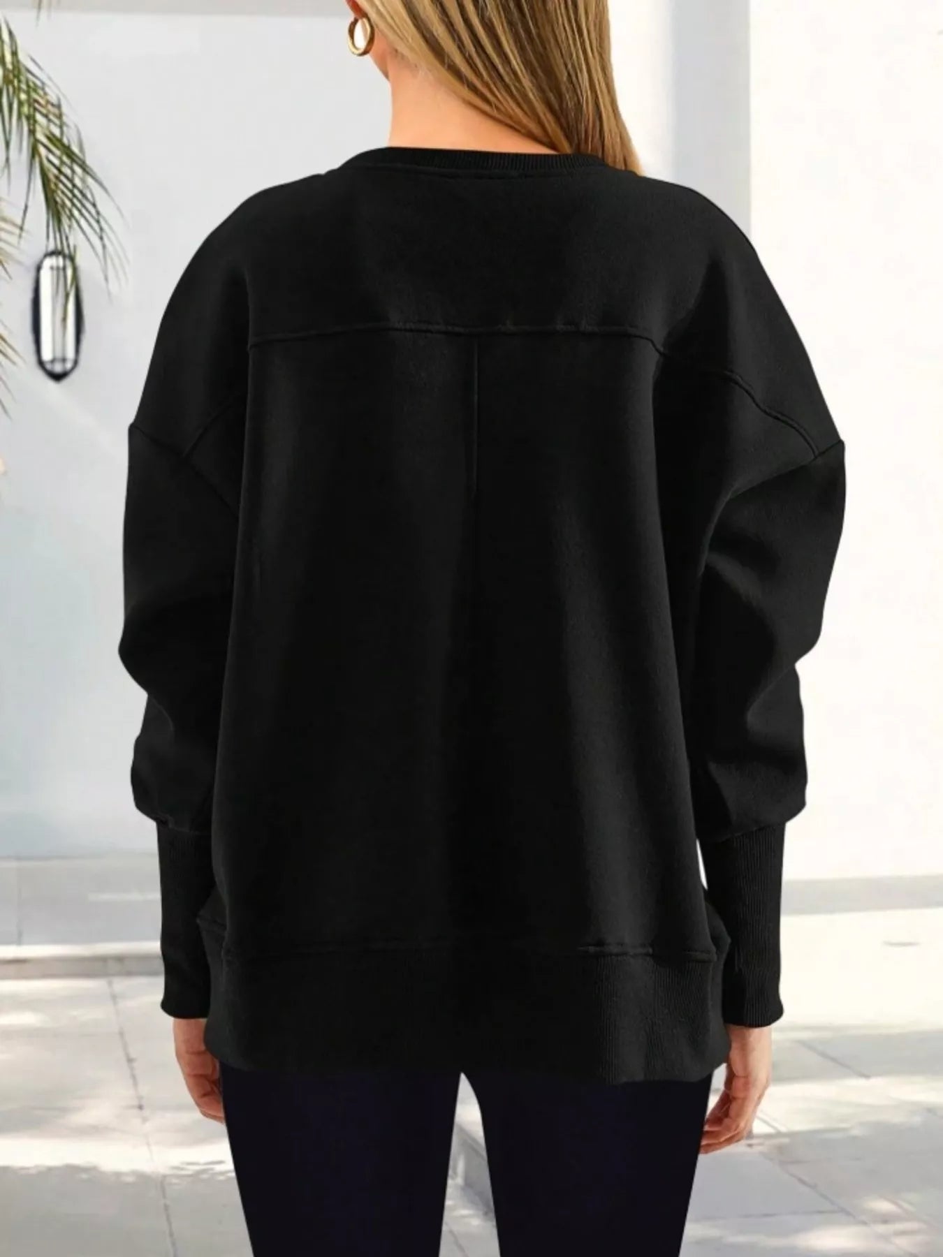 Slit Round Neck Dropped Shoulder Sweatshirt
