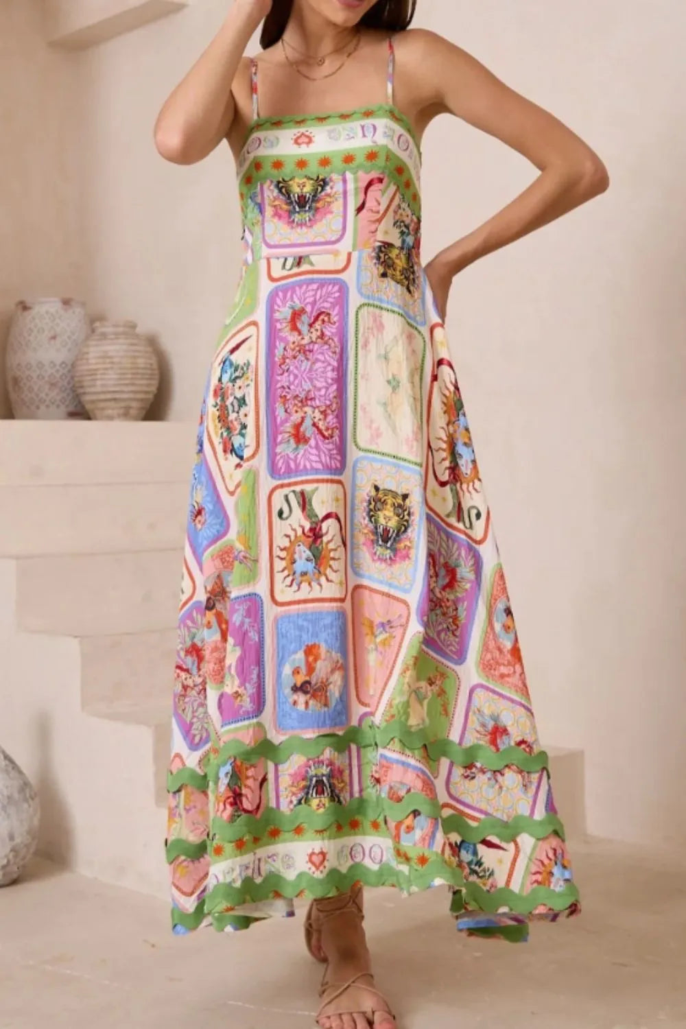 Smocked Printed Square Neck Cami Dress