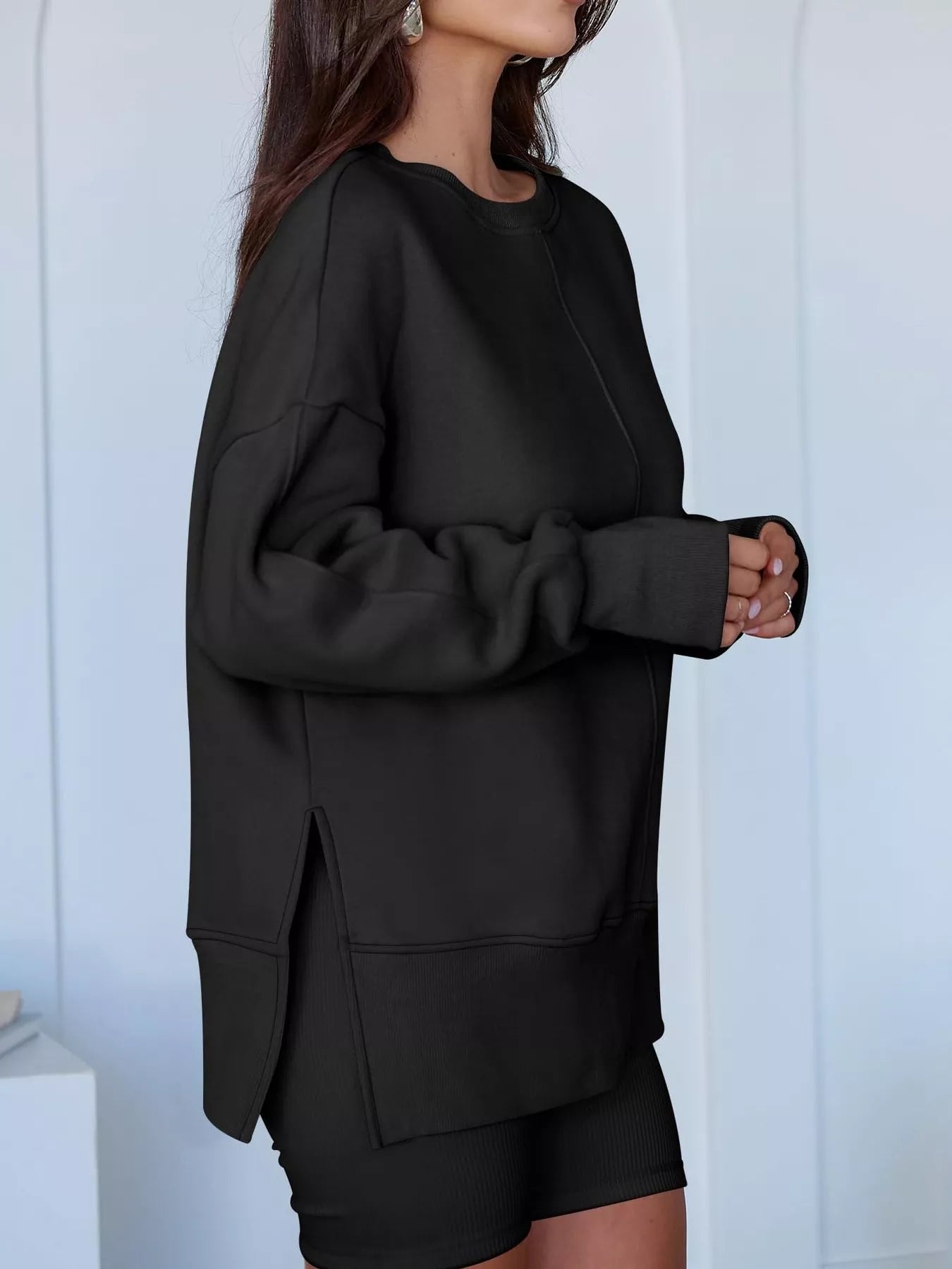 Side Slit Round Neck Long Sleeve Sweatshirt