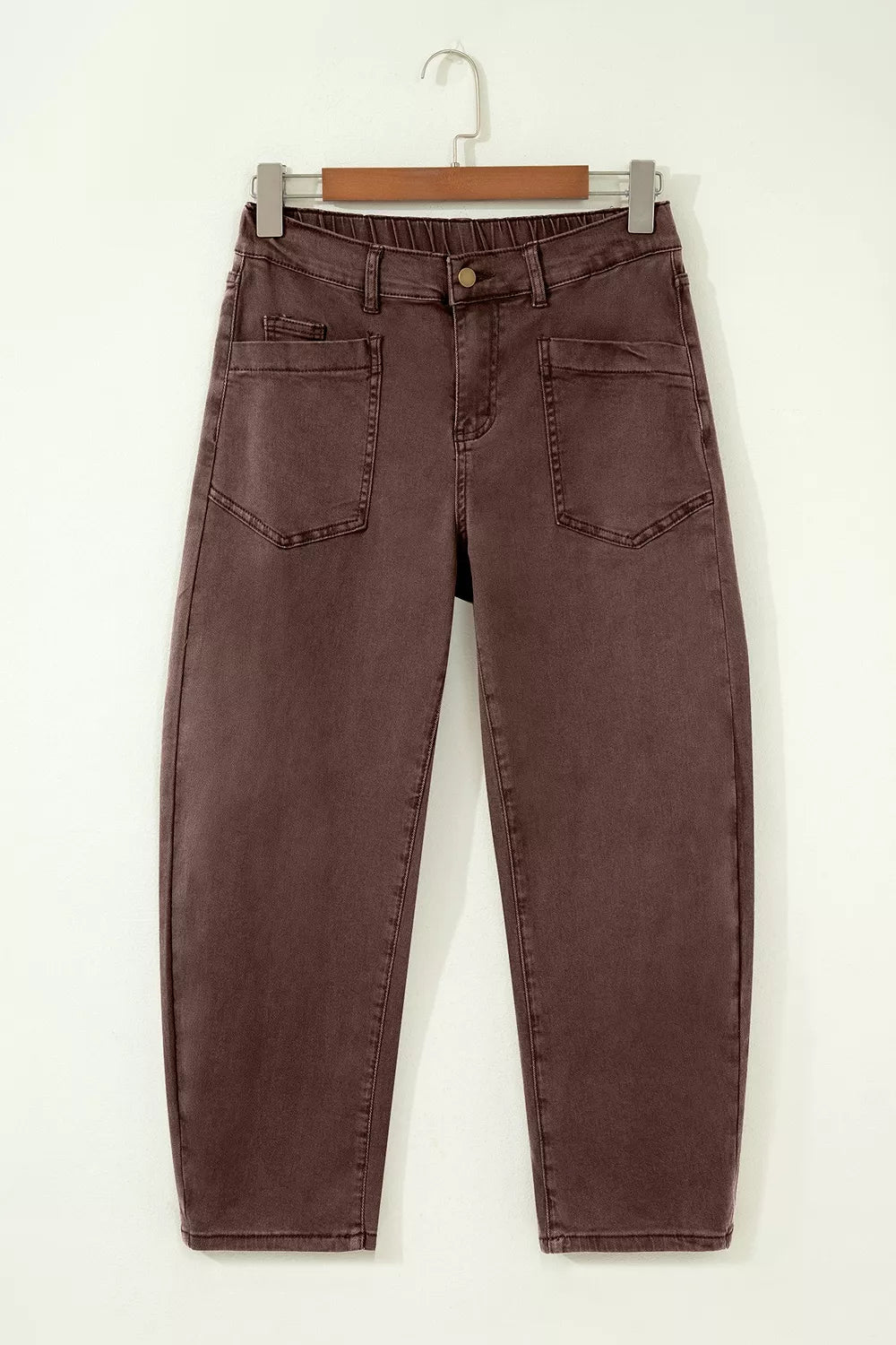 Solid Color Square Patch Pocket Ankle-length Barrel Jeans
