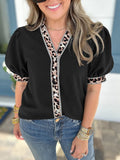 Leopard Trim Puff Sleeve Blouse