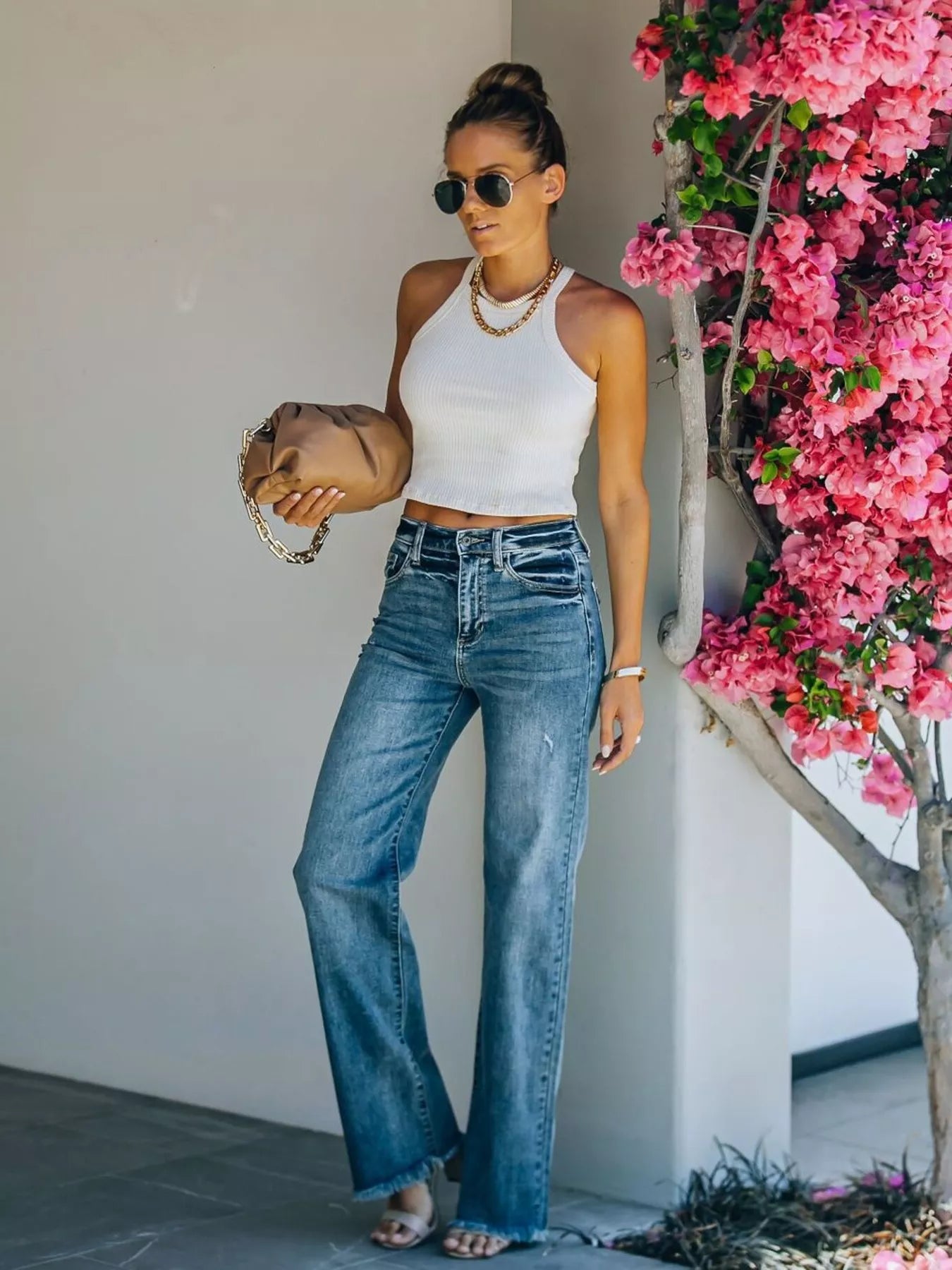 Frayed Hem High-Waisted Wide Leg Jeans