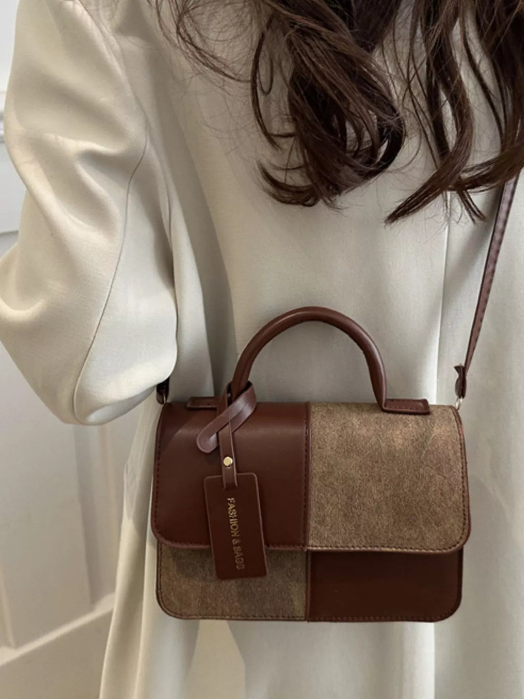 Color Block Flap Crossbody Bag with Top Handle