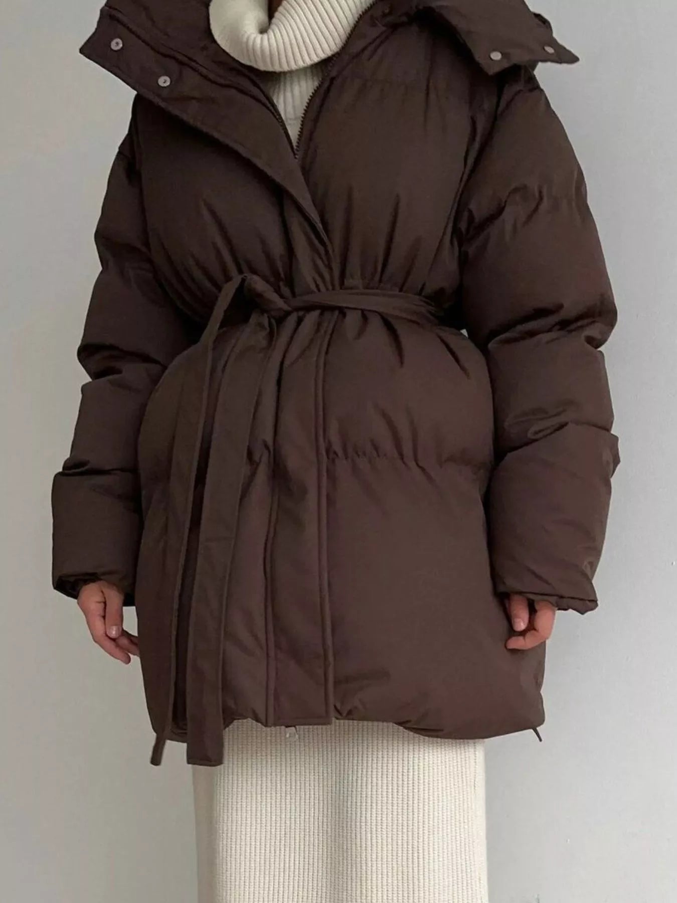 Mid-Length Thickened Hooded Winter Coat with Belted