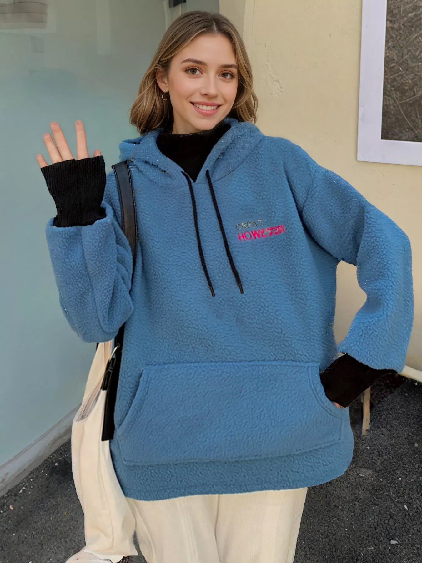 Drawstring Sherpa Kangaroo Pocket Hoodie