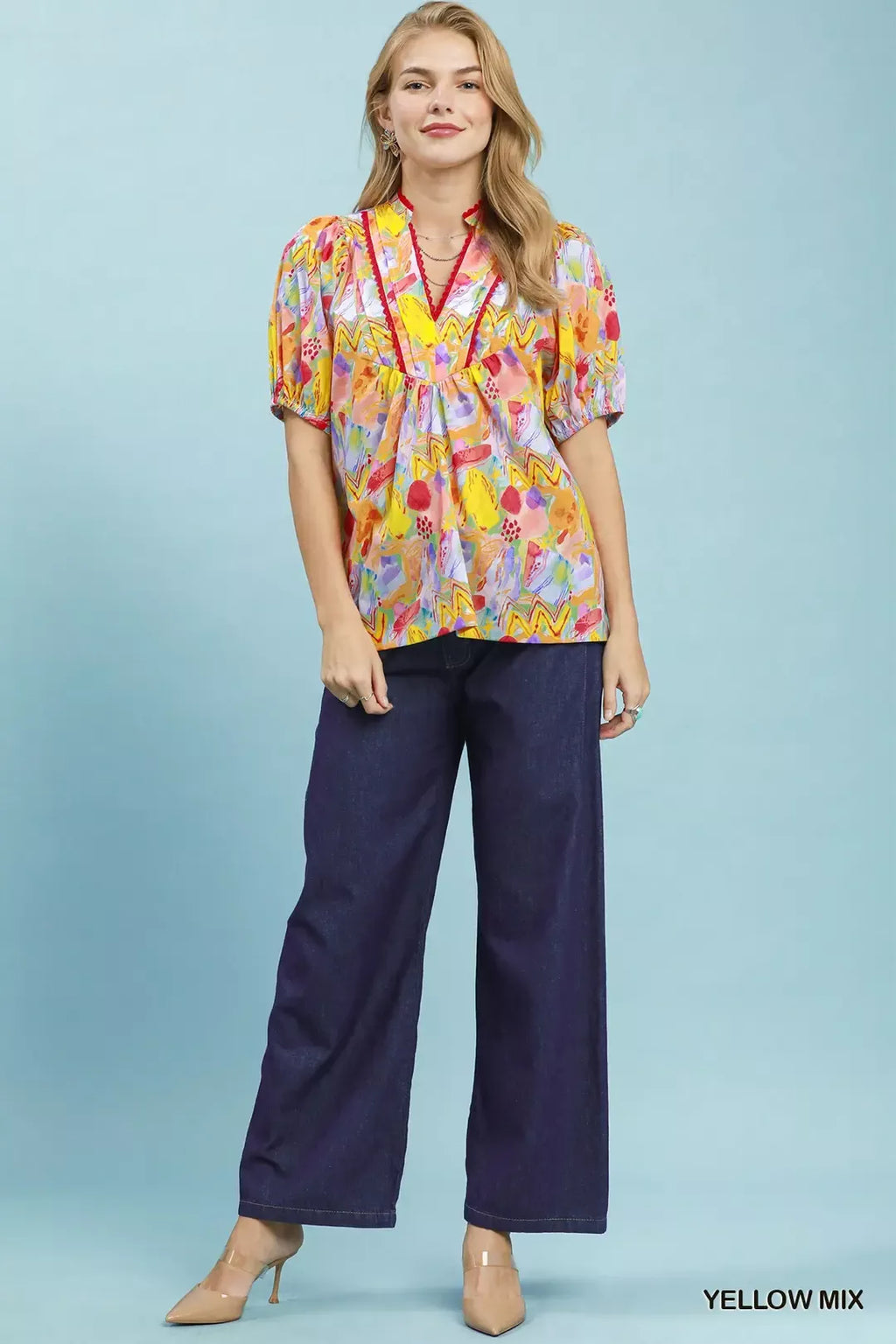 Umgee Abstract Print Puff Sleeve Top